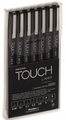 Набор капиллярных ручек TOUCH LINER (0.05, 0.1, 0.3, 0.5, 0.8 мм, скошенный, кисть) черные, 7 шт. в блистере