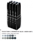 Набор маркеров Touch Twin 12 шт., сине-зеленые тона