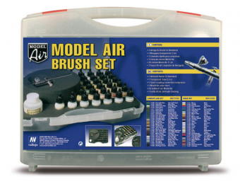 71172 Набор красок Vallejo Model Air Basic Colors & Airbrush (29 цветов) с аэрографом