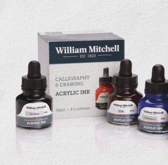 Набор акриловых чернил William Mitchell из 4 флаконов по 30 мл (оранжевый, лайм, малина, фиолетовый)