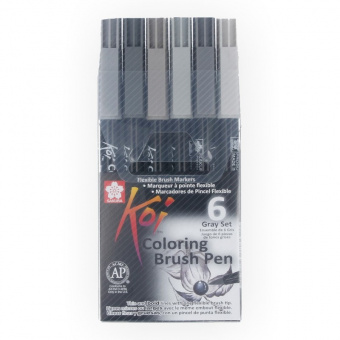 Набор акварельных маркеров Sakura Koi Gray, кисточка, 6 цветов в пластиковой упаковке
