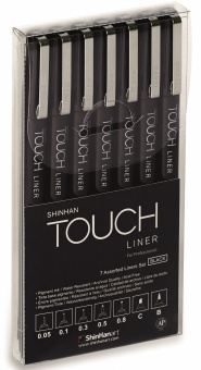 Набор капиллярных ручек TOUCH LINER (0.05, 0.1, 0.3, 0.5, 0.8 мм, скошенный, кисть) черные, 7 шт. в блистере