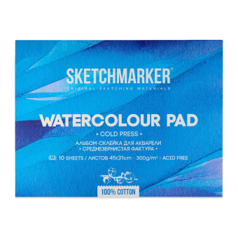 Sketchmarker Бумага для акварели 300 г/м. кв, 31*41 см, 10 л, хлопок среднее зерно, склейка по 4 сторонам