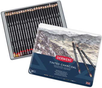 Derwent Набор угольных карандашей Tinted Charcoal 24 шт. в металлическом пенале
