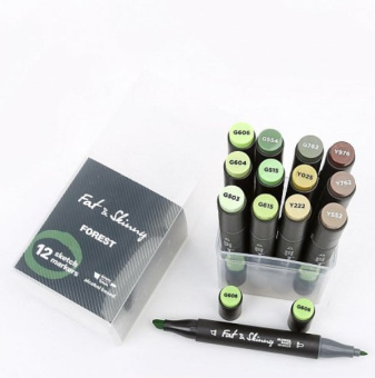 Набор спиртовых двухсторонних Sketch маркеров Fat&Skinny FOREST, 12 шт.