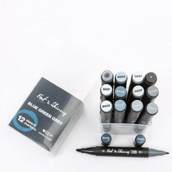 Набор спиртовых двухсторонних Sketch маркеров Fat&Skinny BLUE GREEN GREY, 12 шт.