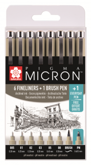 Набор капиллярных ручек Sakura Pigma Micron 8 шт. (6 Micron+Brush+PN) черные, в пластиковой упаковке