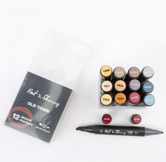 Набор спиртовых двусторонних Sketch маркеров Fat&Skinny OLD TOWN, 12 шт.