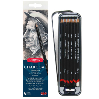 Derwent Набор угольных карандашей Charcoal 6 шт., с точилкой, в металлическом пенале